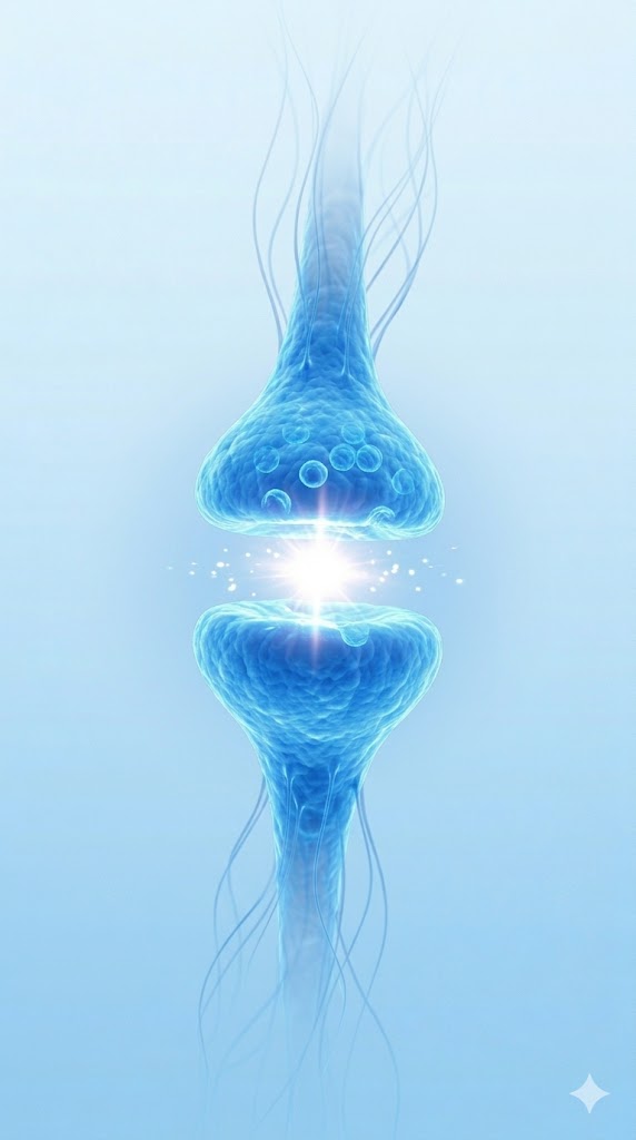 Scientific render of a synapse firing, a bright signal crossing between two neurons