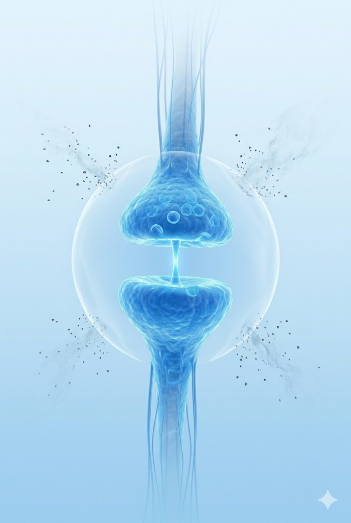 Scientific render of a synapse enclosed in a protective sphere deflecting surrounding particles